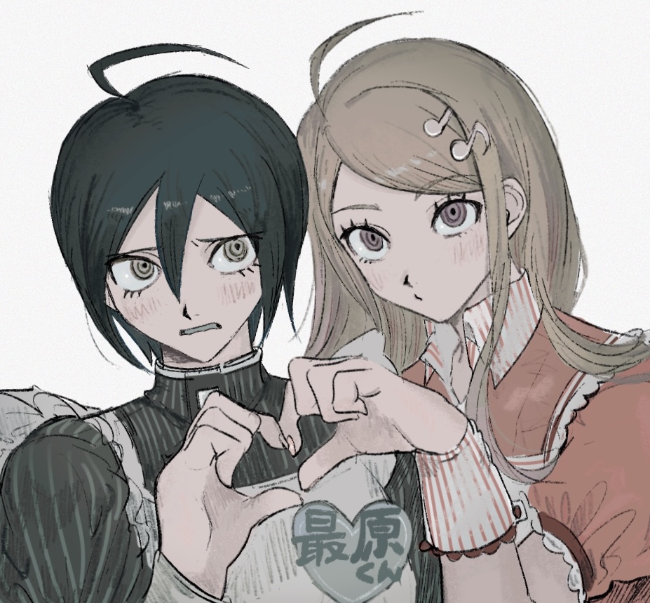 1boy 1girl ahoge akamatsu_kaede apron black_hair black_jacket blonde_hair blush brown_eyes collared_dress danganronpa_(series) danganronpa_v3:_killing_harmony dress grey_apron heart heart_hands heart_hands_duo jacket long_hair pink_dress pink_eyes puffy_short_sleeves puffy_sleeves saihara_shuichi sema_(vivaviva_02) short_sleeves simple_background striped_clothes striped_jacket translation_request