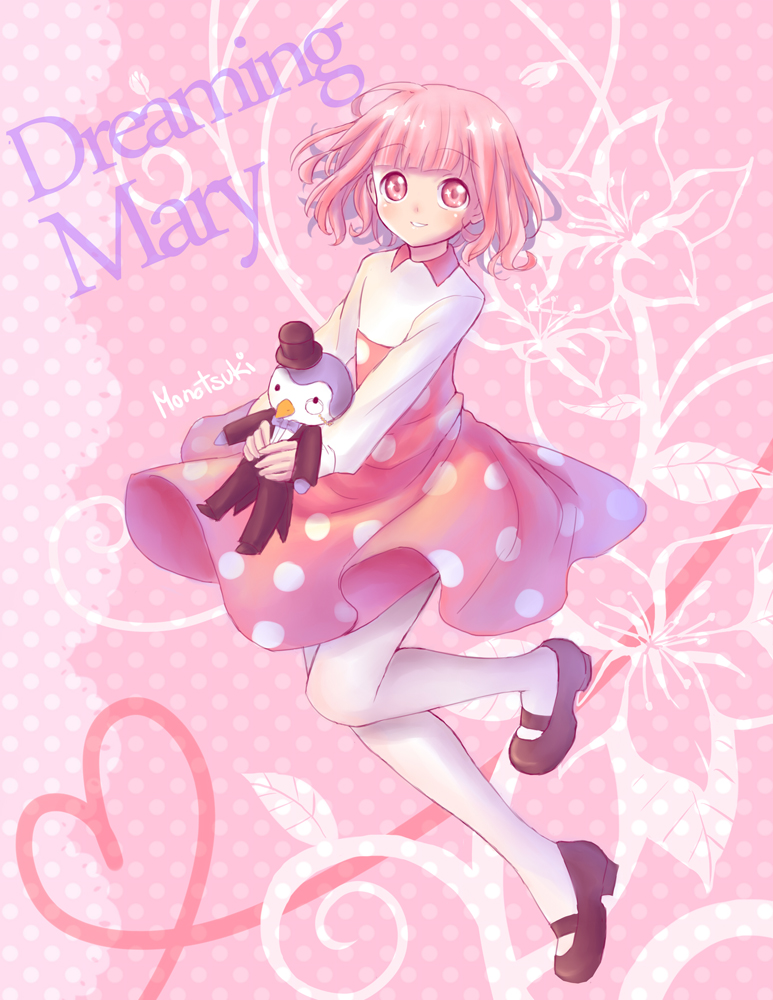 1girl artist_name black_shoes blunt_bangs commentary copyright_name doll dreaming_mary english_commentary female_focus full_body high-waist_skirt long_sleeves looking_at_viewer mary_(dreaming_mary) monotsuki pantyhose pink_eyes pink_hair pink_skirt polka_dot polka_dot_skirt shirt shoes short_hair skirt smile solo sparkling_eyes stuffed_animal stuffed_penguin stuffed_toy white_pantyhose white_shirt