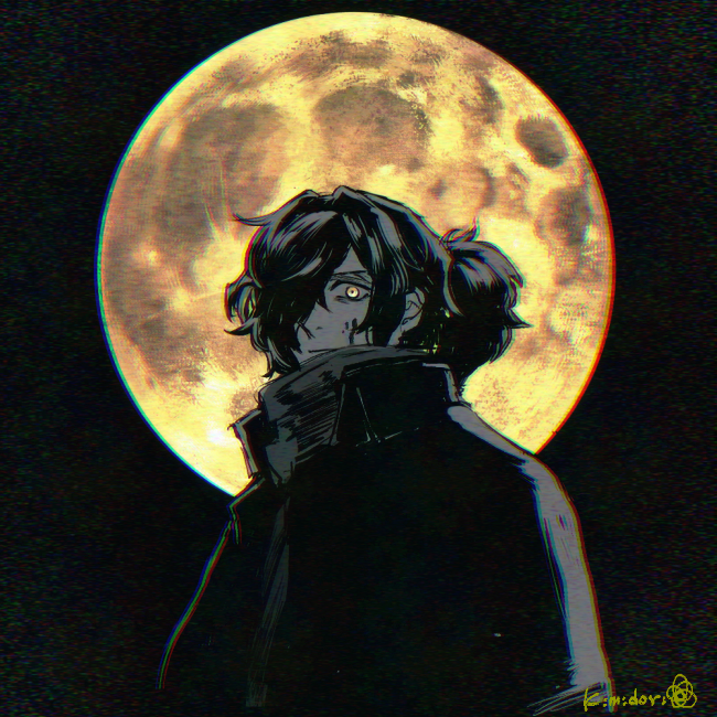 01rosso 1boy blood blood_on_face closed_mouth commentary_request fate/grand_order fate_(series) film_grain full_moon looking_at_viewer male_focus messy_hair monochrome moon okada_izou_(fate) ponytail scarf signature solo upper_body yellow_eyes