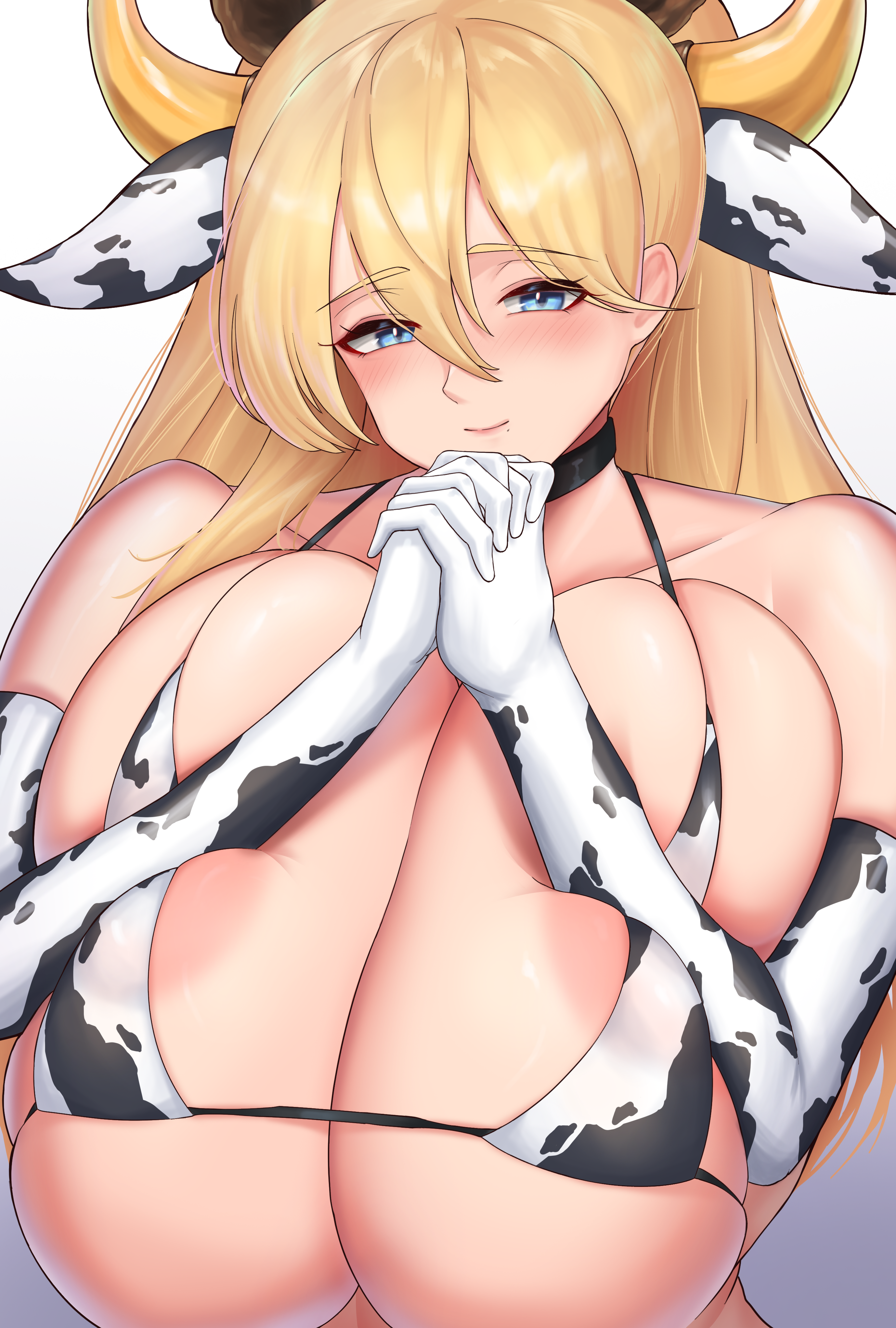 1girl absurdres animal_ears animal_print areola_slip bear_ears bikini blonde_hair blue_eyes blush breasts cccco cow_ears cow_girl cow_horns cow_print cow_print_bikini extra_ears fake_animal_ears fake_horns frigga_(last_origin) gigantic_breasts gradient_background highres horns last_origin light_smile long_hair micro_bikini official_alternate_costume own_hands_clasped own_hands_together pov print_bikini simple_background solo swimsuit upper_body