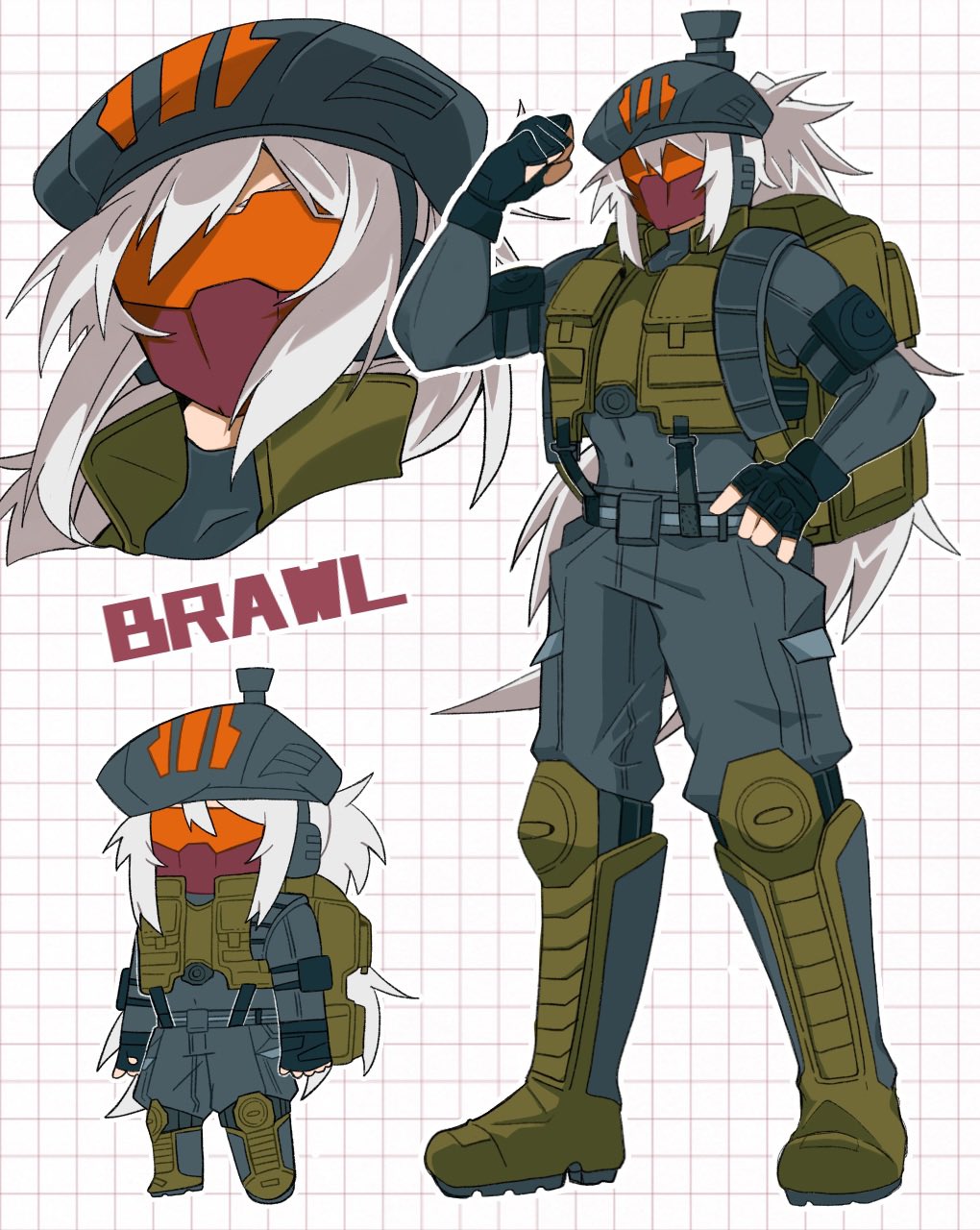 1girl backpack bag belt beret boots brawl_(transformers) cannon character_name chibi chibi_inset decepticon fingerless_gloves genderswap genderswap_(ftm) gloves green_footwear green_vest grey_footwear grey_pants grid_background hair_between_eyes hat highres humanization long_hair mask military mouth_mask muscular navel orange_visor osekihan053 pants ponytail red_mask tactical_clothes transformers two-tone_footwear very_long_hair vest white_background white_hair