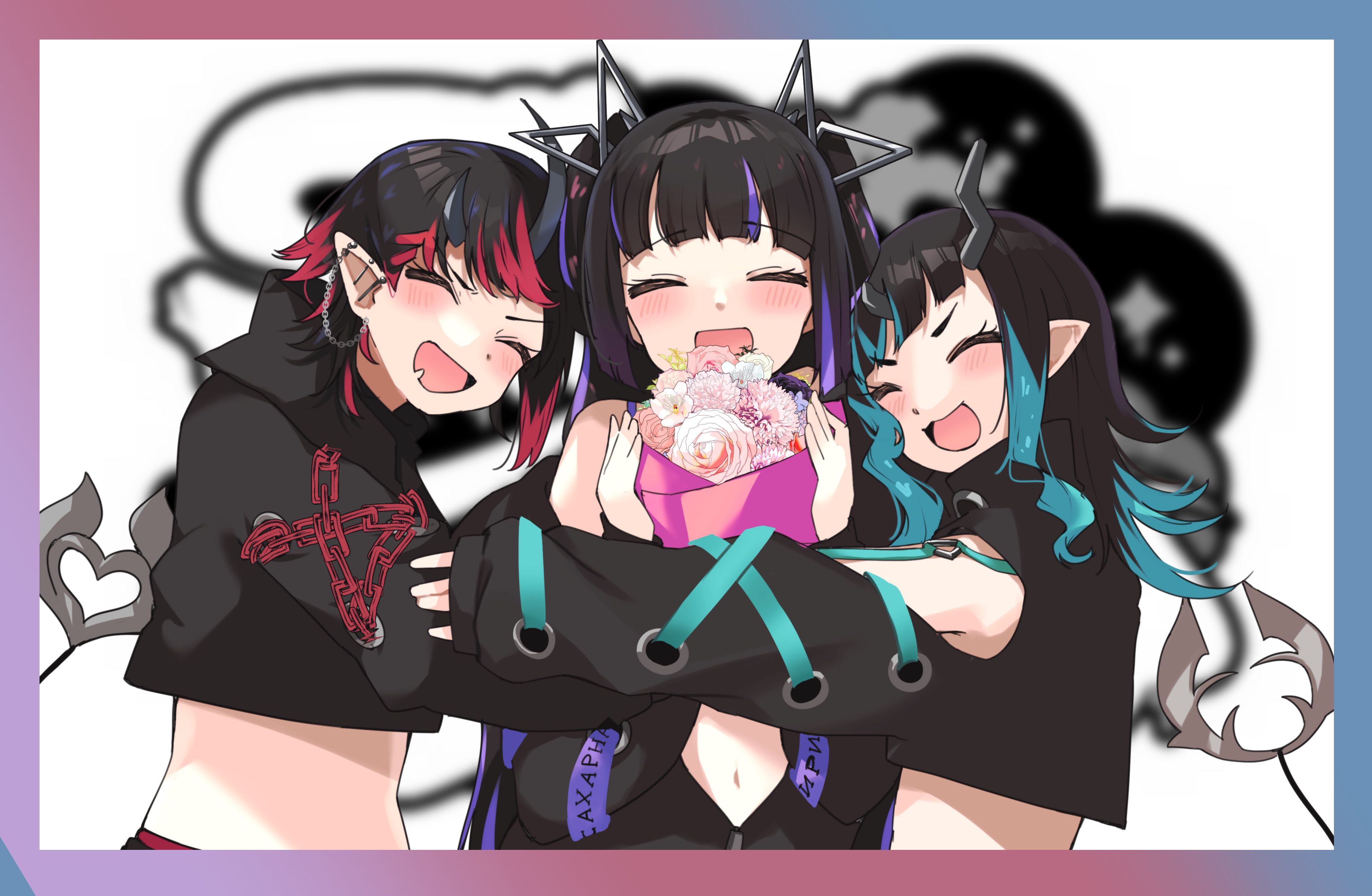 3girls absurdres black_hair black_jacket blue_hair blunt_bangs blush bouquet chain closed_eyes clothing_cutout commentary_request cropped_jacket cross-laced_clothes cross-laced_sleeves demon_girl demon_horns demon_tail ear_chain ear_piercing flower highres holding holding_bouquet horns hug jacket kojo_anna linked_piercing long_hair long_sleeves midriff multicolored_hair multiple_girls nanashi_inc. navel off_shoulder open_mouth piercing pink_flower pointy_ears purple_hair red_hair ryugasaki_rene shishio_chris short_hair shoulder_cutout smile sugar_lyric tail twintails two-tone_hair upper_body virtual_youtuber zipper zono_(inokura_syuzo029)