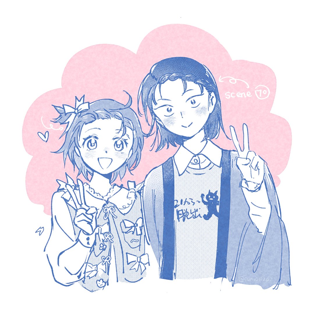 2girls :> :d bow braid braided_bangs collared_shirt commentary cropped_torso crossover hair_bow hanten_(clothes) heart height_difference iwakura_mitsumi limited_palette long_sleeves looking_at_viewer medalist_(manga) multiple_girls one_side_up open_mouth shirt short_hair skip_to_loafer smile sunio0202 sweater v yuitsuka_inori