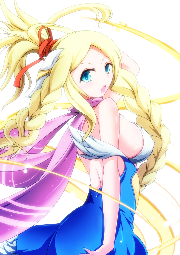 1girl arm_up bare_shoulders blonde_hair blue_dress blue_eyes braid breasts covered_erect_nipples dress feathered_wings female_focus hair_ornament head_wings idunna_(p&amp;d) large_breasts long_hair looking_at_viewer looking_back merry_(diameri) open_mouth ponytail purple_scarf puzzle_&amp;_dragons scarf sideboob simple_background sleeveless sleeveless_dress solo twin_braids white_background white_wings wings