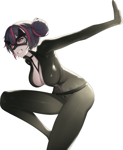 1girl black_bodysuit bodysuit breasts catsuit center_opening cleavage curvy domino_mask double-parted_bangs double_bun eye_mask gloves goddess_of_victory:_nikke grin hair_between_eyes hair_bun high_heels jewelry jumping large_breasts looking_ahead mask mask_on_head multicolored_hair naughty_face navel official_alternate_costume official_art open_bodysuit open_clothes outstretched_arms pendant purple_hair quency_(escape_queen)_(nikke) quency_(nikke) red_eyes revealing_clothes shiny_clothes shiny_skin skin_tight smile solo stomach streaked_hair sweat thighs transparent_background two-tone_hair unzipped wide_hips