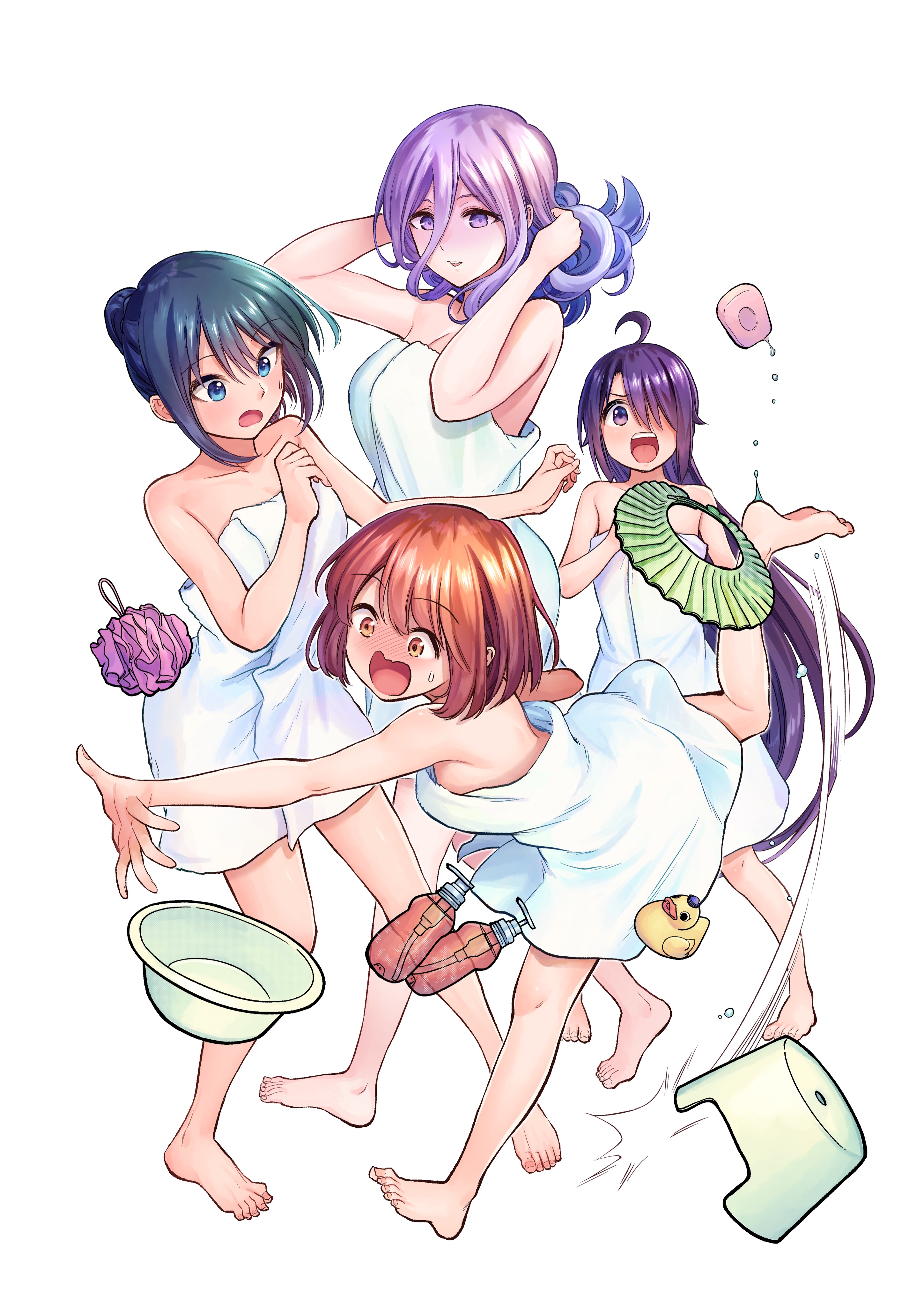 4girls absurdres accident ahoge barefoot basin black_hair blue_eyes blush brown_eyes brown_hair collarbone commentary_request hair_between_eyes highres long_hair misu_shin'ya multiple_girls naked_towel open_mouth oyu_de_hokorobu_yukime_senpai purple_eyes purple_hair rubber_duck short_hair simple_background soap soap_dispenser stool teeth towel upper_teeth_only very_long_hair white_background yukime_senpai