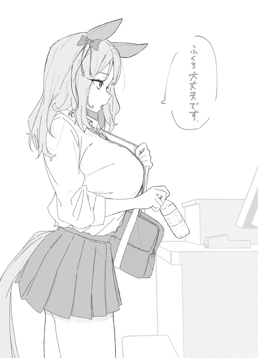 1girl alternate_breast_size_(larger) animal_ears bag bottle breasts commentary counter cowboy_shot ear_covers holding holding_bottle horse_ears horse_girl horse_tail huge_breasts king_halo_(umamusume) miniskirt monochrome necktie pleated_skirt school_bag school_uniform skirt solo tail takapachi.jp translation_request umamusume water_bottle
