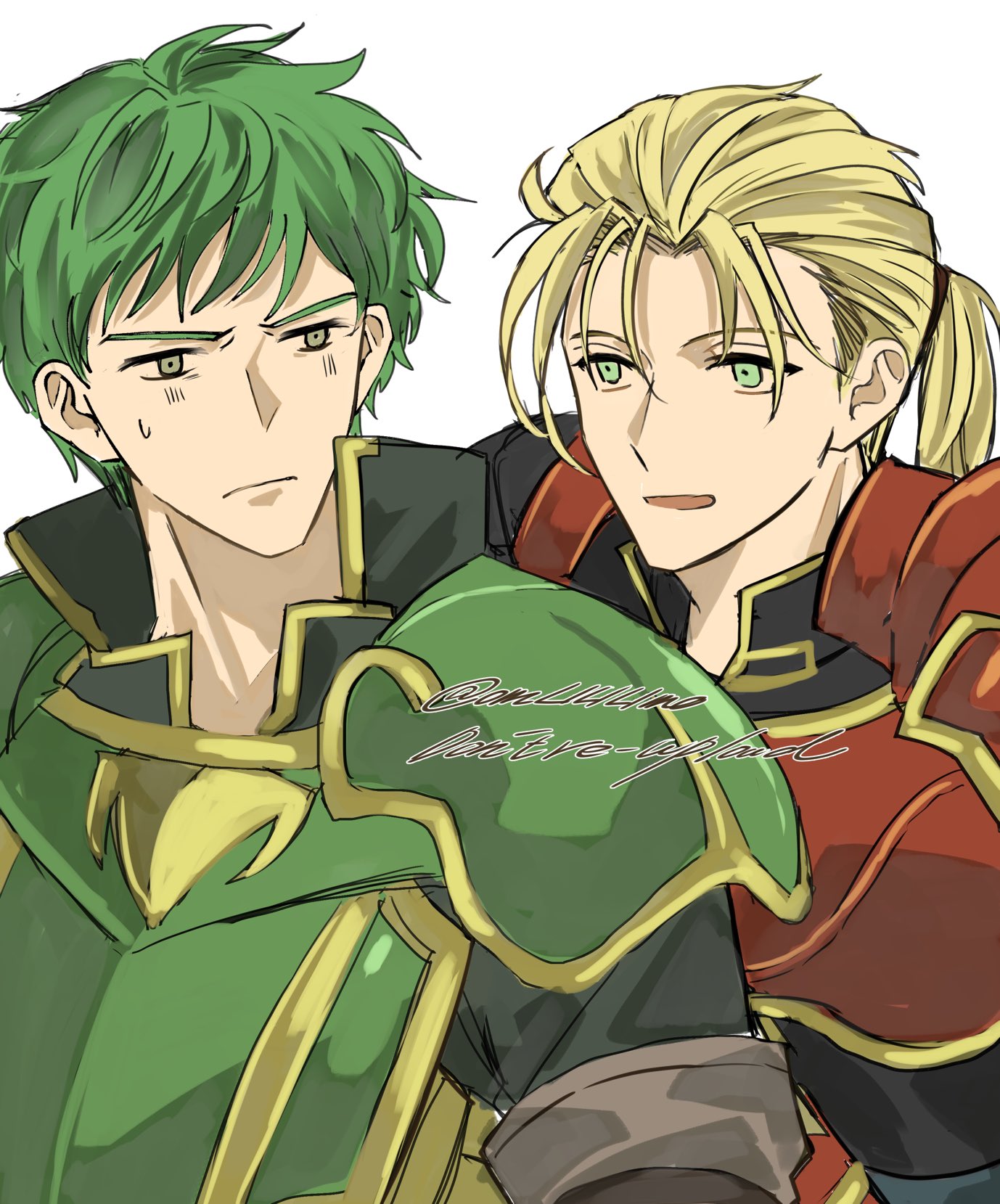 2boys armor blonde_hair closed_mouth fire_emblem fire_emblem:_the_sacred_stones forde_(fire_emblem) green_armor green_eyes green_hair highres kyle_(fire_emblem) male_focus multiple_boys nintendo omlililimo open_mouth pauldrons ponytail red_armor shoulder_armor white_background