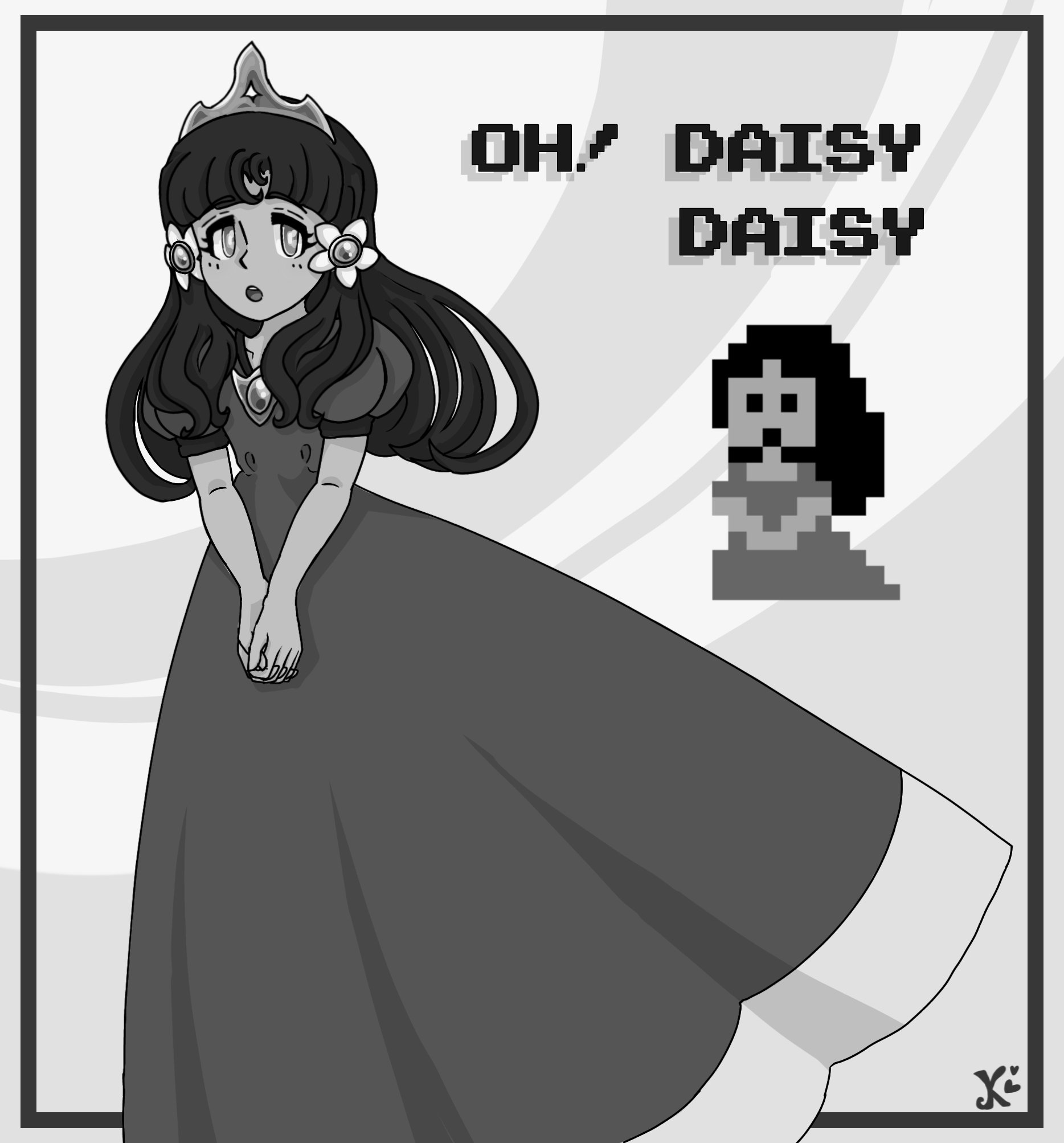 1girl character_name crown dress earrings floating_earring full_body gameboy jewelry keidontlie long_hair looking_at_viewer mario_(series) nintendo princess_daisy puffy_short_sleeves puffy_sleeves retro_artstyle short_sleeves standing super_mario_land tomboy