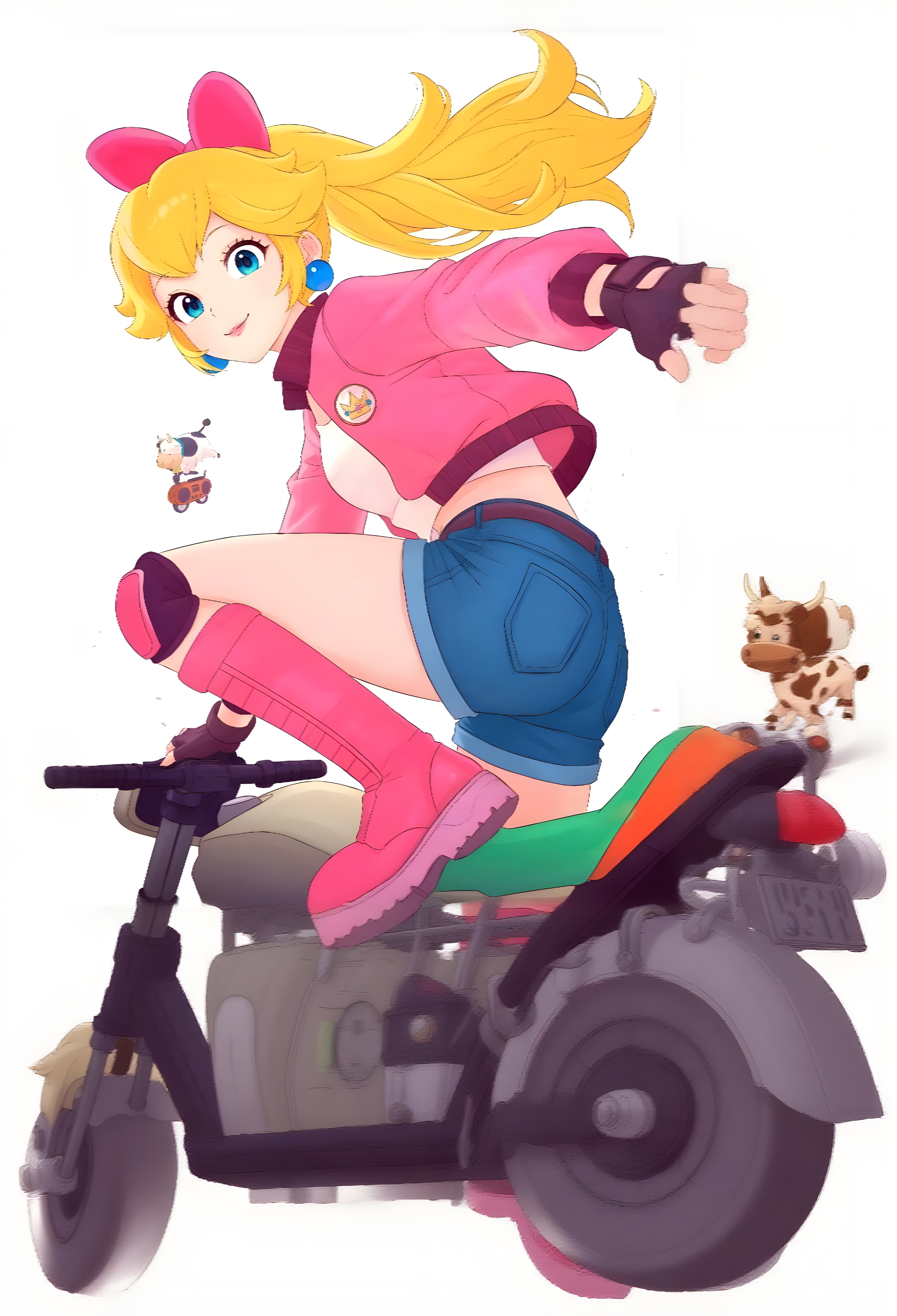 1girl absurdres ass belt biker_clothes blonde_hair blue_eyes blue_shorts boots bow breasts cow crop_top denim denim_shorts earrings fingerless_gloves floating_hair gloves go-kart hair_bow highres jacket jewelry knee_boots lipstick long_hair long_sleeves looking_at_viewer makeup mario_(series) mario_kart mario_kart_world moo_moo_(mario) motor_vehicle motorcycle nintendo non-web_source on_motorcycle open_clothes open_jacket pink_boots pink_bow pink_jacket pink_lips ponytail princess_peach princess_peach_(touring) rally_bike_(mario_kart_world) resized shirt shorts smile source_request sphere_earrings truejekart upscaled white_shirt