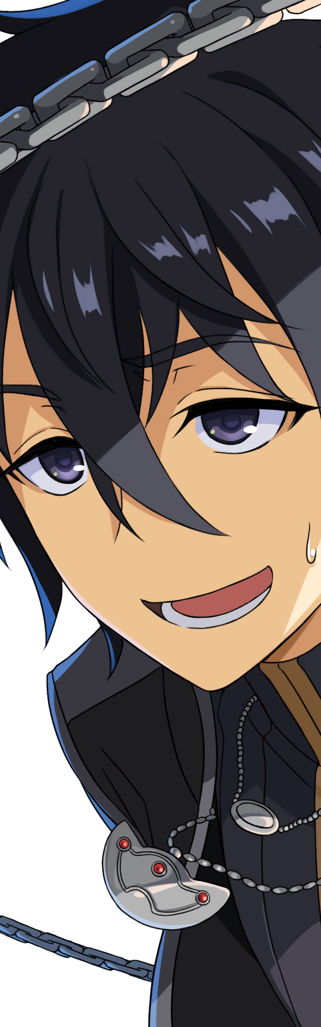 1boy black_eyes black_hair black_jacket disgaea disgaea_rpg hair_between_eyes harada_takehito highres jacket jewelry krai_andrey lower_teeth_only male_focus nageki_no_bourei_wa_intaishitai necklace official_art open_mouth simple_background teeth white_background