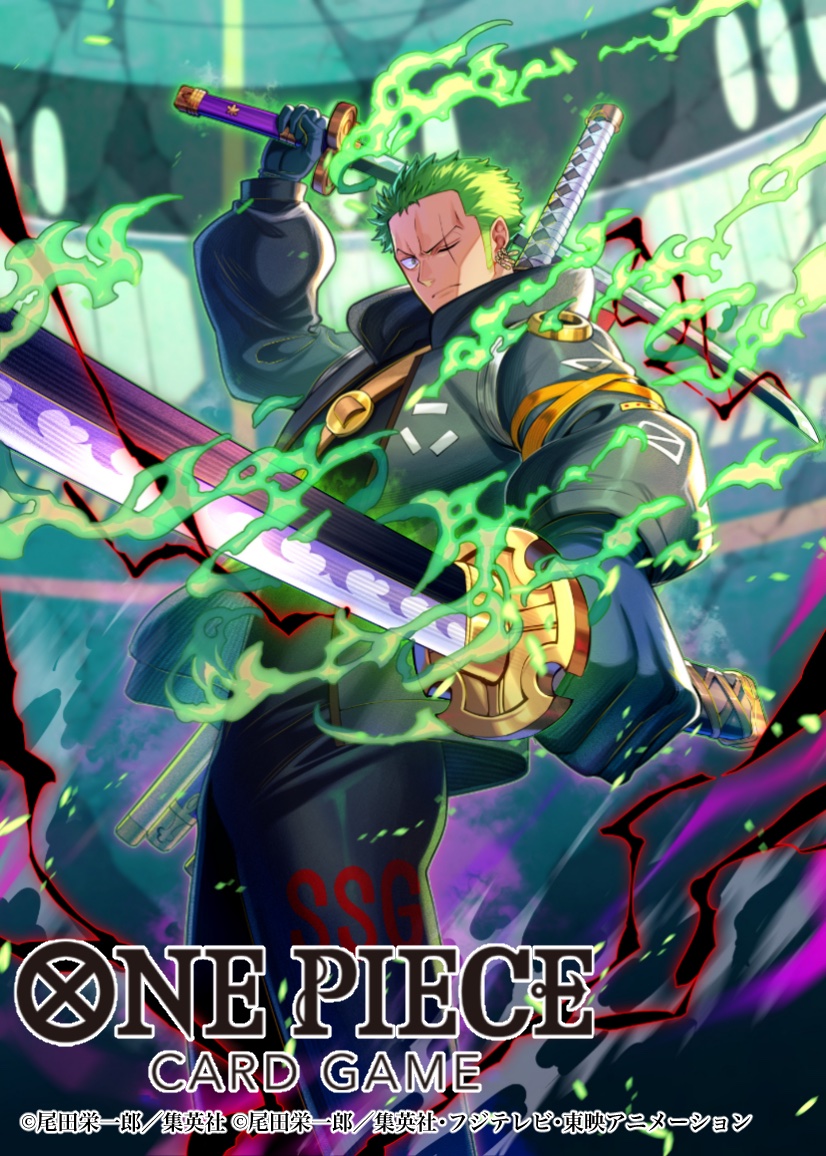 1boy bashikou bodysuit closed_mouth colored_smoke commentary_request copyright_name earrings green_hair haki_(one_piece) holding holding_sword holding_weapon jacket jewelry looking_at_viewer male_focus official_art one_eye_closed one_piece one_piece_card_game roronoa_zoro scar scar_across_eye scar_on_face short_hair sideburns smoke solo sword sword_on_back weapon weapon_on_back