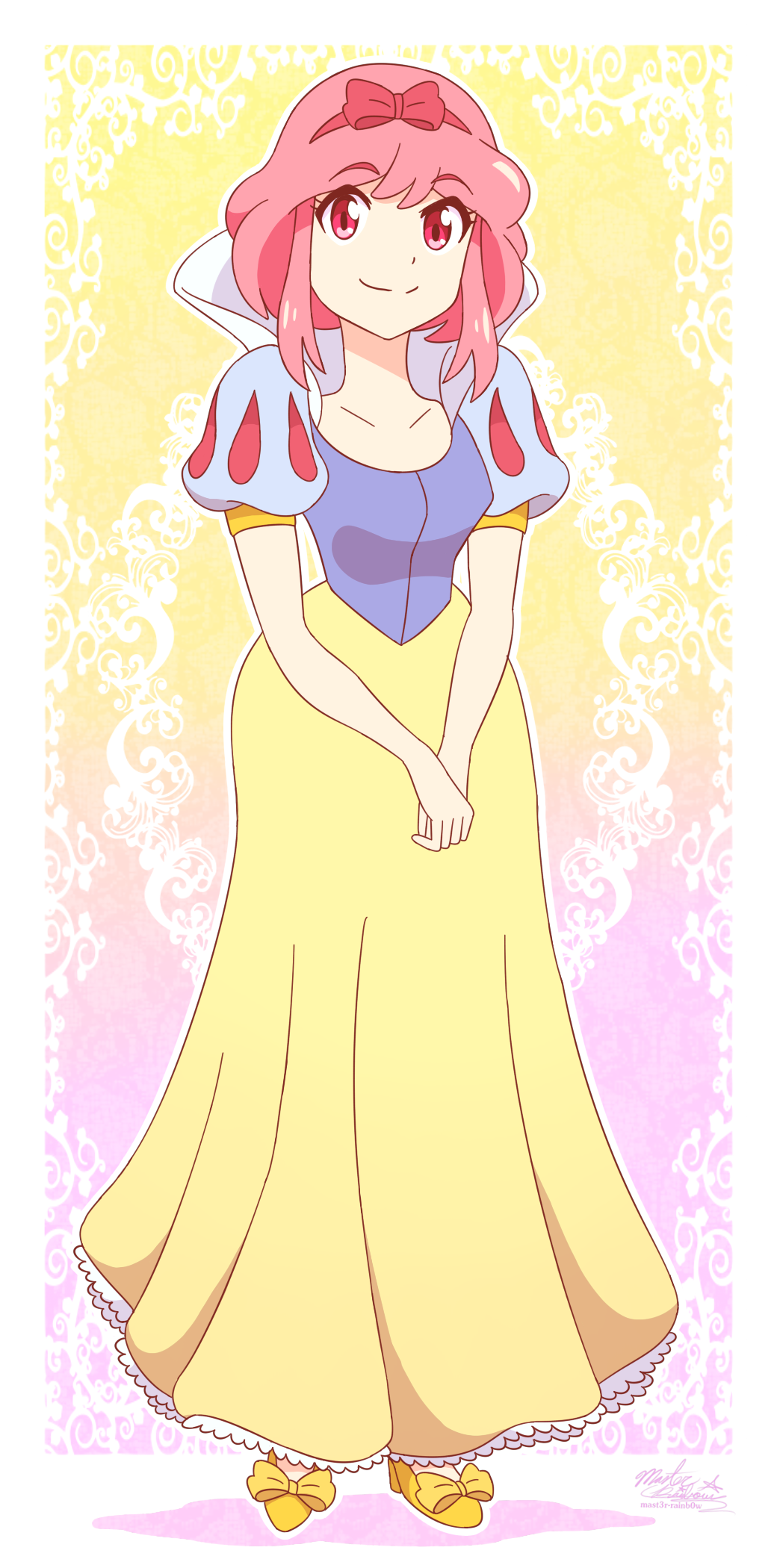 1girl closed_mouth commentary commission cosplay crossover dress english_commentary highres jakuzure_nonon kill_la_kill looking_at_viewer mast3r-rainb0w pink_hair princess snow_white_(disney) snow_white_(disney)_(cosplay) snow_white_and_the_seven_dwarfs