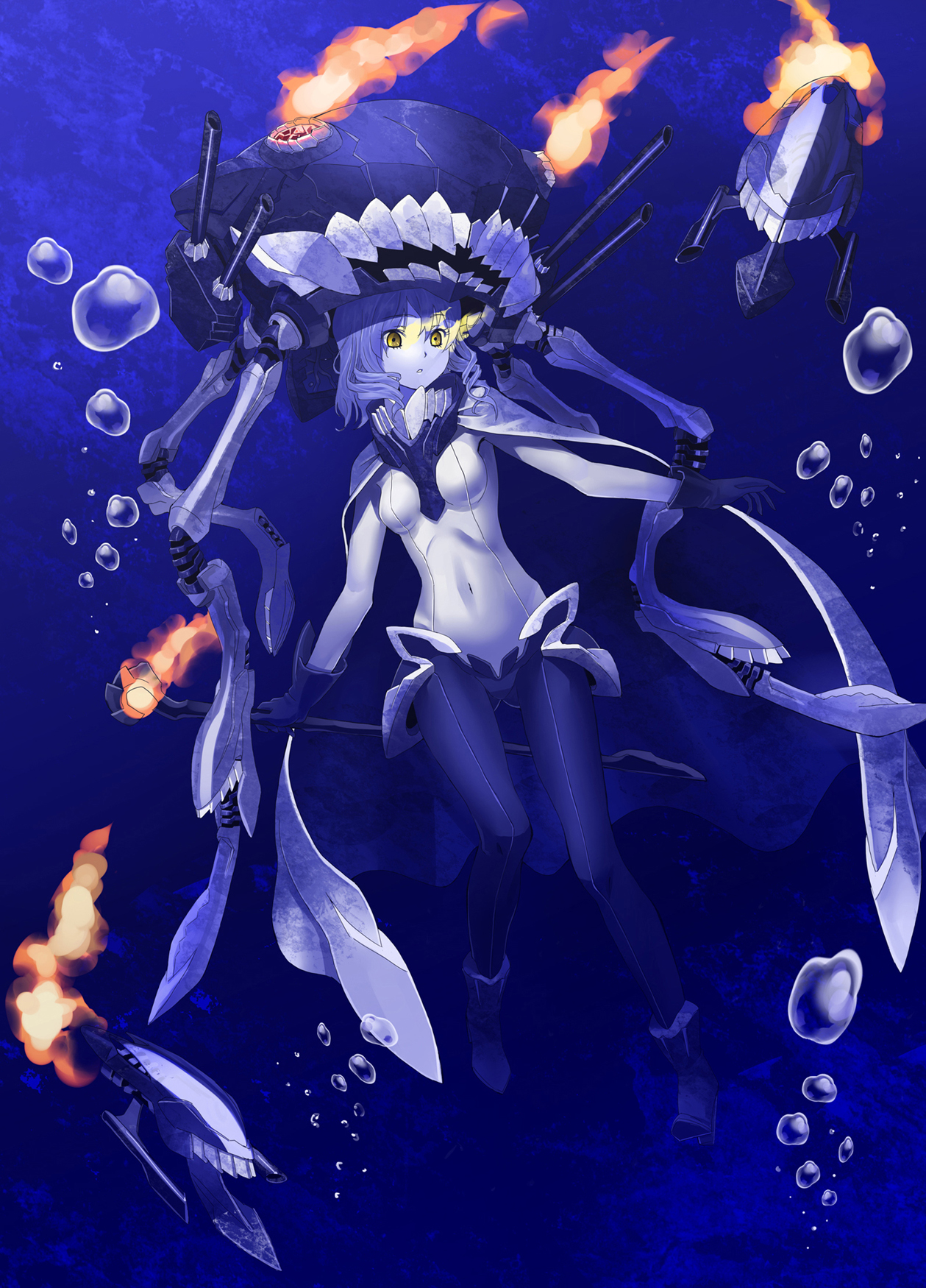 10s 1girl abyssal_ship bad_id bad_pixiv_id bodysuit breasts bubble cape covered_navel enemy_aircraft_(kancolle) female_focus fire fujimo_ruru gloves glowing glowing_eyes highres kantai_collection md5_mismatch options pale_skin parted_lips resolution_mismatch short_hair silver_hair solo staff underwater wo-class_aircraft_carrier yellow_eyes