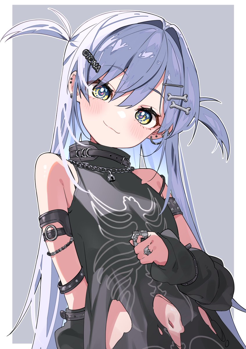 1girl amopui arm_warmers armlet bare_shoulders blue_eyes blue_hair bone_hair_ornament border chain chain_necklace collared_shirt earrings hair_between_eyes hair_intakes hair_ornament hairpin head_tilt highres jewelry long_hair looking_at_viewer multiple_hairpins navel necklace outline piercing shirt skeleton_print sleeveless smile solo torn_clothes two_side_up upper_body virtual_youtuber vspo! yano_kuromu