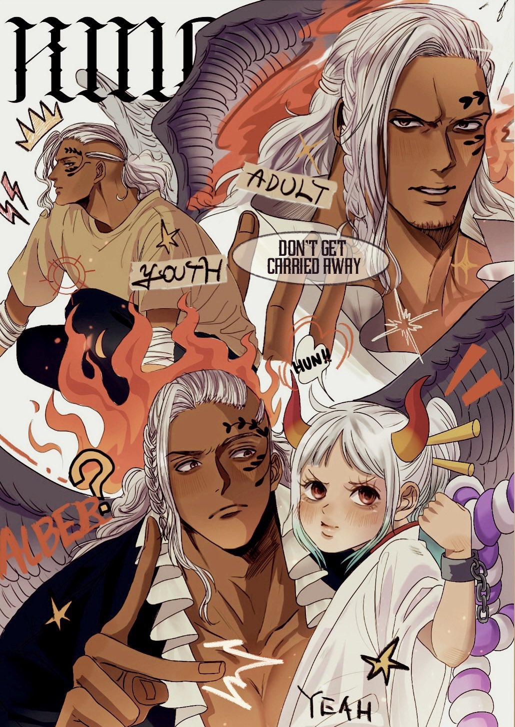 1boy 1girl aged_down black_wings commentary dark-skinned_male dark_skin facial_tattoo hair_ornament highres horns japanese_clothes kimono king_(one_piece) looking_at_another looking_at_viewer multiple_views notice_lines one_piece ponytail profile rihirihi613 rope shimenawa shirt speech_bubble t-shirt tattoo white_hair white_kimono wide_sleeves wings yamato_(one_piece)