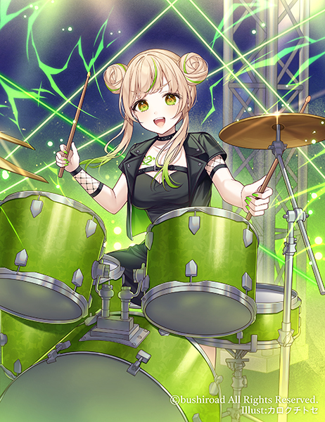 1girl :d black_choker black_dress black_jacket breasts brown_eyes brown_hair cardfight!!_vanguard character_request choker cleavage collarbone commentary_request double_bun dress drum drum_set drumsticks fishnets green_hair green_nails hair_bun holding holding_drumsticks instrument jacket karokuchitose long_hair medium_breasts multicolored_hair nail_polish official_art open_clothes open_jacket open_mouth short_sleeves sitting smile solo streaked_hair