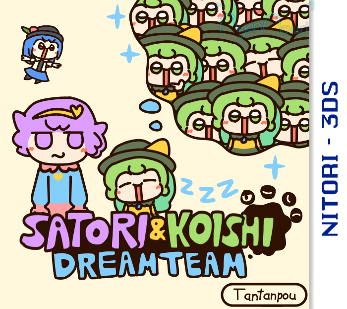 3girls black_headwear blue_hair commentary cover english_commentary hairband heart hinanawi_tenshi komeiji_koishi komeiji_satori mario_&amp;_luigi:_dream_team mario_&amp;_luigi_rpg mario_(series) multiple_girls nintendo numenoko_(style) nyannovuri pink_eyes pink_hair red_eyes simple_background speech_bubble tan_tan_pou thought_bubble touhou video_game_cover yellow_background yellow_hairband zzz