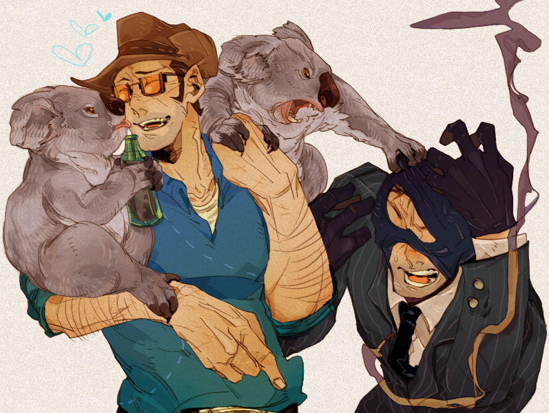 22_(tak_ja) 2boys balaclava blu_sniper_(tf2) blu_spy_(tf2) bottle cigarette closed_eyes formal_clothes gloves hat heart koala male_focus multiple_boys necktie open_mouth sharp_teeth ski_mask smoke sniper_(tf2) spy_(tf2) suit sunglasses team_fortress_2 teeth tongue