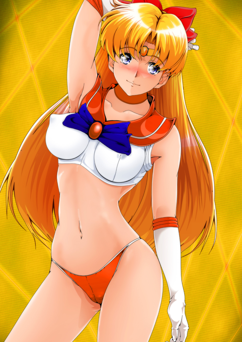 1girl aino_minako bishoujo_senshi_sailor_moon blonde_hair blue_eyes blush bow breasts covered_erect_nipples crop_top gloves highres long_hair magical_girl medium_breasts nanashi_noiji panties red_bow sailor_venus sleeveless solo underwear