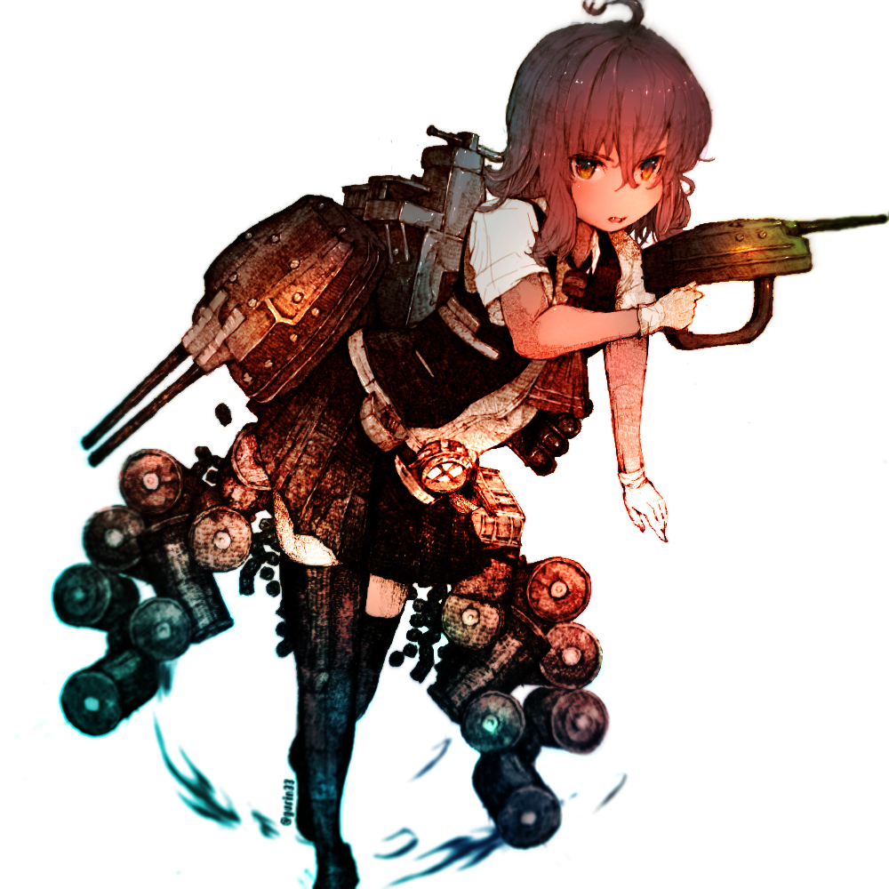 1girl ahoge arashi_(kancolle) black_vest blouse depth_charge female_focus gloves gradient_filter gurin33 hair_between_eyes holding kantai_collection medium_hair open_mouth orange_eyes pleated_skirt red_hair rigging searchlight shirt short_sleeves sidelocks simple_background skirt solo thighhighs twitter_username vest white_background white_gloves white_shirt