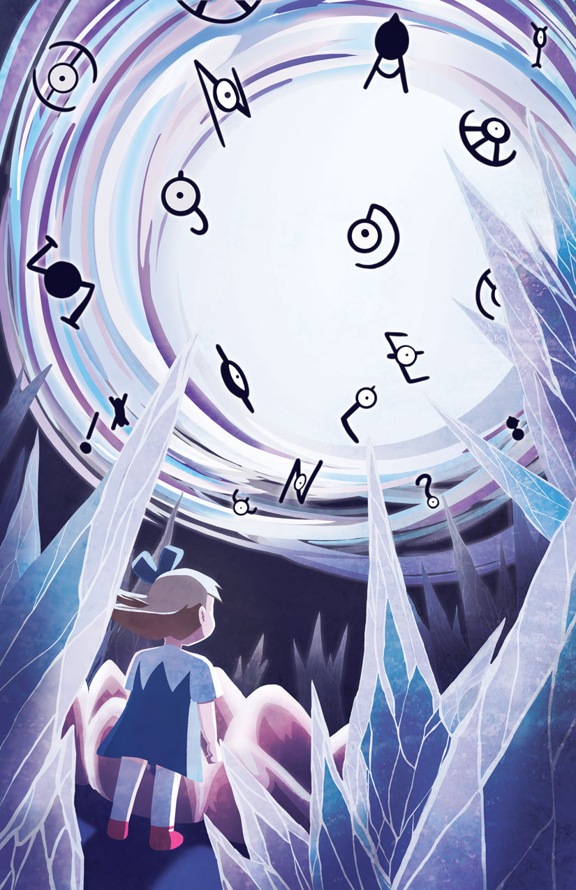 1girl blue_dress child commentary creature dress english_commentary entei floating gen_2_pokemon hair_ribbon highres legendary_pokemon looking_up molly_hale nintendo pokemon pokemon_(anime) pokemon_(classic_anime) pokemon_(creature) pokemon_3:_the_movie_-_spell_of_the_unown:_entei ribbon shoes short_hair spiralsketches standing unown unown_! unown_? unown_a unown_b unown_d unown_h unown_i unown_j unown_l unown_n unown_s unown_u unown_w unown_x unown_y white_legwear
