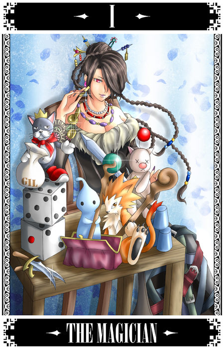 00s 1girl bag bare_shoulders belt black_hair braid breasts cait_sith_(final_fantasy) card cleavage creature dice doll earrings facing_viewer final_fantasy final_fantasy_x hair_bun hair_over_one_eye handbag jewelry knife looking_at_viewer lulu_(ff10) mole moogle moomba multiple_belts necklace parted_lips pupu_(ff8) red_eyes satchel single_hair_bun stuffed_animal stuffed_toy sword table tarot_card weapon