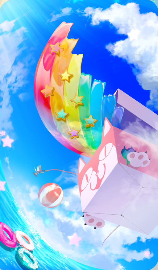 00kashian00 ball beachball blue_sky box cat cloud commentary day dessert fate/grand_order fate_(series) fisheye food food_focus hose hose_nozzle innertube light_rays magical_ruby magical_ruby_(hose) midair no_humans official_art outdoors rainbow sky star_(symbol) still_life swim_ring third-party_source water