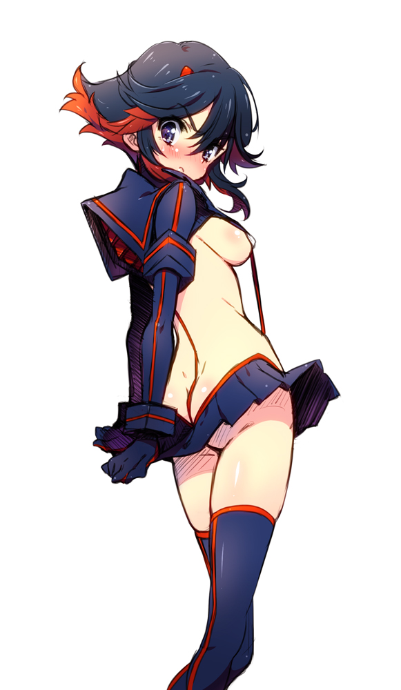 10s 1girl ass black_hair blue_eyes blush breasts butt_crack embarrassed from_behind kill_la_kill living_clothes looking_back matoi_ryuuko multicolored_hair pandaki_(aki) red_hair revealing_clothes senketsu short_hair sideboob skirt suspenders thighhighs two-tone_hair underboob