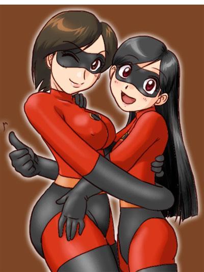 2girls age_difference bodysuit breasts domino_mask elastigirl covered_erect_nipples helen_parr hug large_breasts latex long_hair looking_at_viewer mask mature_female mother_and_daughter multiple_girls open_mouth purple_bonus short_hair skin_tight small_breasts smile the_incredibles violet_parr wink