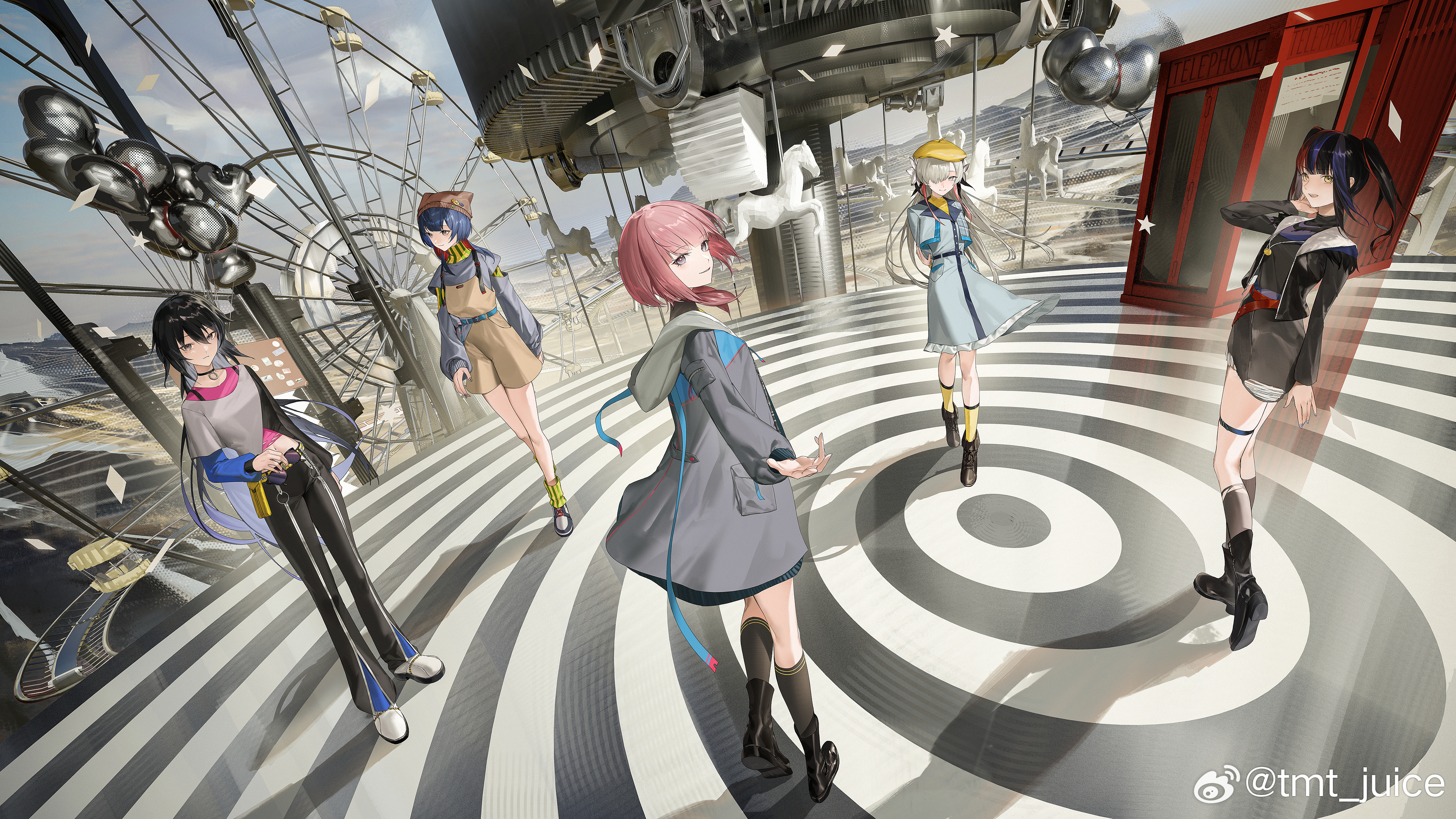 5girls absurdres alternate_costume amusement_park animal_hat artist_name beret blue_hair blunt_bangs boots cat_hat colored_inner_hair commentary_request double-parted_bangs drawstring dress fisheye full-length_zipper full_body grey_hair hair_over_one_eye harusaruhi hat highres hood hooded_jacket isekaijoucho jacket kaf_(kamitsubaki_studio) kamitsubaki_studio koko_(kamitsubaki_studio) layered_sleeves long_hair long_sleeves looking_at_viewer low_twintails midriff multicolored_hair multiple_girls navel official_art one_eye_covered open_clothes open_jacket overalls pants pink_hair red_hair rim_(kamitsubaki_studio) shirt shoes short_hair short_over_long_sleeves short_sleeves skirt sneakers socks surreal tmt twintails virtual_youtuber zipper