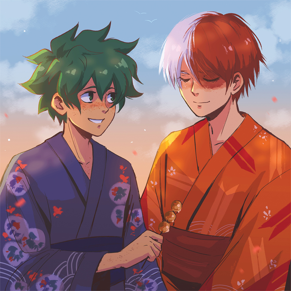 2boys andythelemon bird blue_kimono blue_sky blush boku_no_hero_academia burn_scar closed_eyes closed_mouth cloud collarbone dango day food freckles gradient_sky green_eyes green_hair hair_between_eyes holding holding_food japanese_clothes kimono looking_at_another male_focus midoriya_izuku multicolored_hair multiple_boys obi orange_kimono orange_sky outdoors print_kimono red_hair sash scar scar_on_face short_hair side-by-side skewer sky smile split-color_hair standing tan teeth todoroki_shouto two-tone_hair wagashi white_hair wide_sleeves