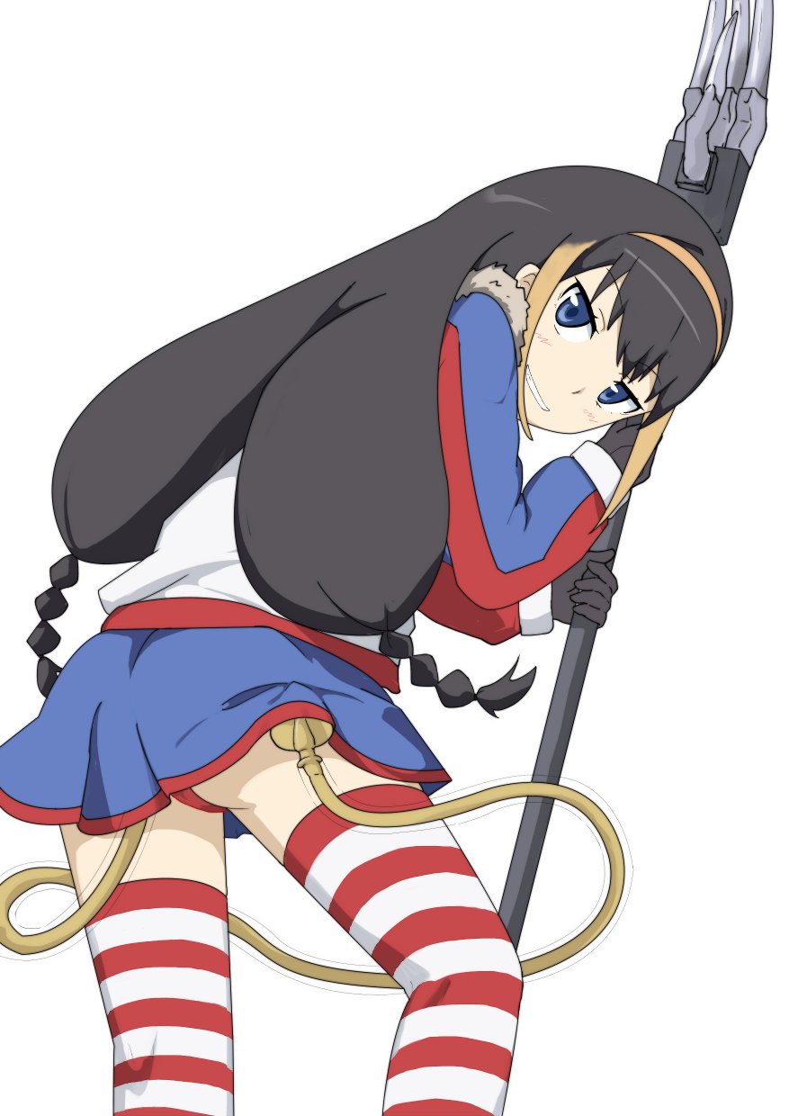 1girl ass black_gloves black_hair blue_eyes blue_skirt female_focus gloves gobanme_no_mayoi_neko grin hairband highres holding holding_weapon jacket leaning_forward lessar long_hair long_sleeves looking_at_viewer multicolored_hair panties red_panties simple_background skirt smile solo standing streaked_hair striped_clothes striped_thighhighs tail thighhighs toaru_majutsu_no_index underwear weapon yellow_hairband