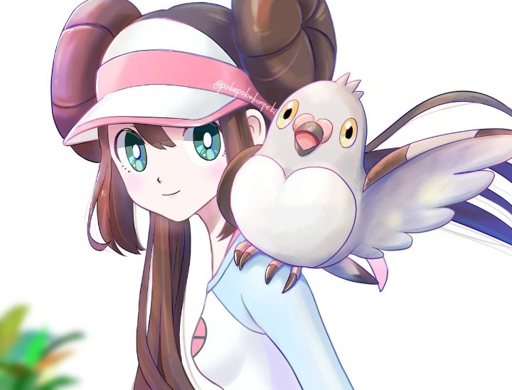 1girl brown_hair double_bun from_side gen_5_pokemon green_eyes hair_between_eyes hair_bun looking_at_viewer nintendo on_shoulder pidove pokemon pokemon_(creature) pokemon_bw2 pokemon_on_shoulder pokepokekonpeki rosa_(pokemon) smile twintails twitter_username upper_body visor_cap white_background