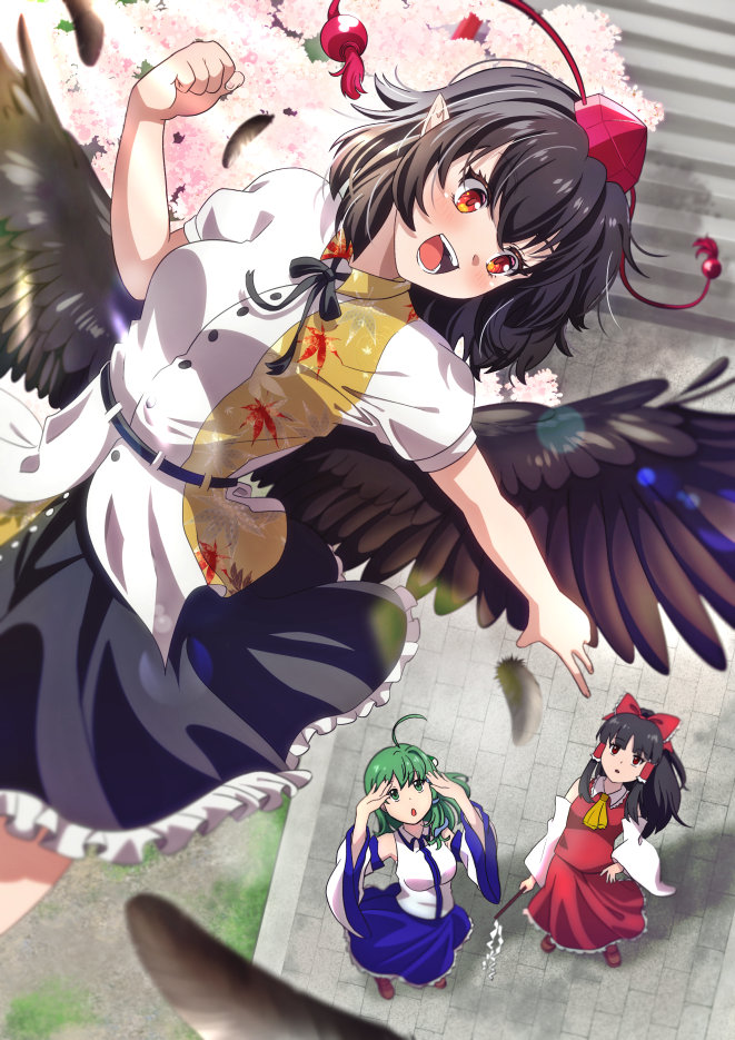 3girls ascot bird_wings blue_skirt blush bow breasts brown_hair brown_wings cherry_blossoms collared_shirt commentary_request detached_sleeves falling_feathers feathered_wings feathers flower flying frilled_bow frilled_hair_tubes frilled_skirt frills frog_hair_ornament gohei green_eyes green_hair hair_bow hair_ornament hair_tubes hakurei_reimu hat holding holding_gohei kochiya_sanae leaf_print long_hair maple_leaf_print multicolored_shirt multiple_girls murasaki_tsutsuji open_mouth outdoors pink_flower pointy_ears puffy_short_sleeves puffy_sleeves red_bow red_eyes red_hat red_skirt reitaisai ribbon-trimmed_sleeves ribbon_trim shameimaru_aya shirt short_sleeves skirt skirt_set smile snake_hair_ornament stairs tokin_hat touhou white_shirt wings yellow_ascot