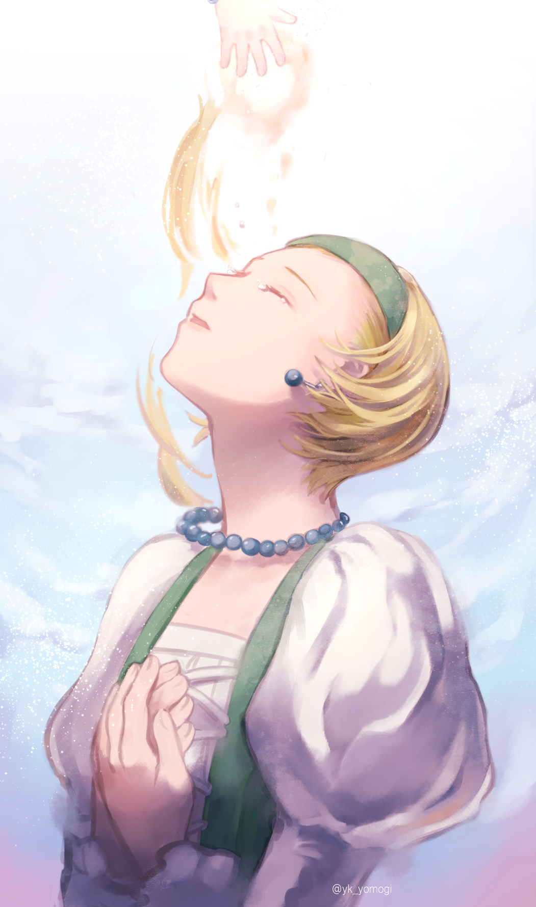 29000 2girls bead_necklace beads blonde_hair blue_background closed_eyes commentary_request cross-laced_clothes dragon_quest dragon_quest_xi earrings floating_neckwear gradient_background green_hairband green_vest hair_pulled_back hairband hands_on_own_chest highres jewelry juliet_sleeves long_sleeves multiple_girls necklace official_alternate_hair_length official_alternate_hairstyle out_of_frame parted_lips puffy_sleeves reaching reaching_towards_another senya_(dq11) shirt short_hair siblings sisters sphere_earrings tears twins twitter_username upper_body veronica_(dq11) vest white_background white_shirt