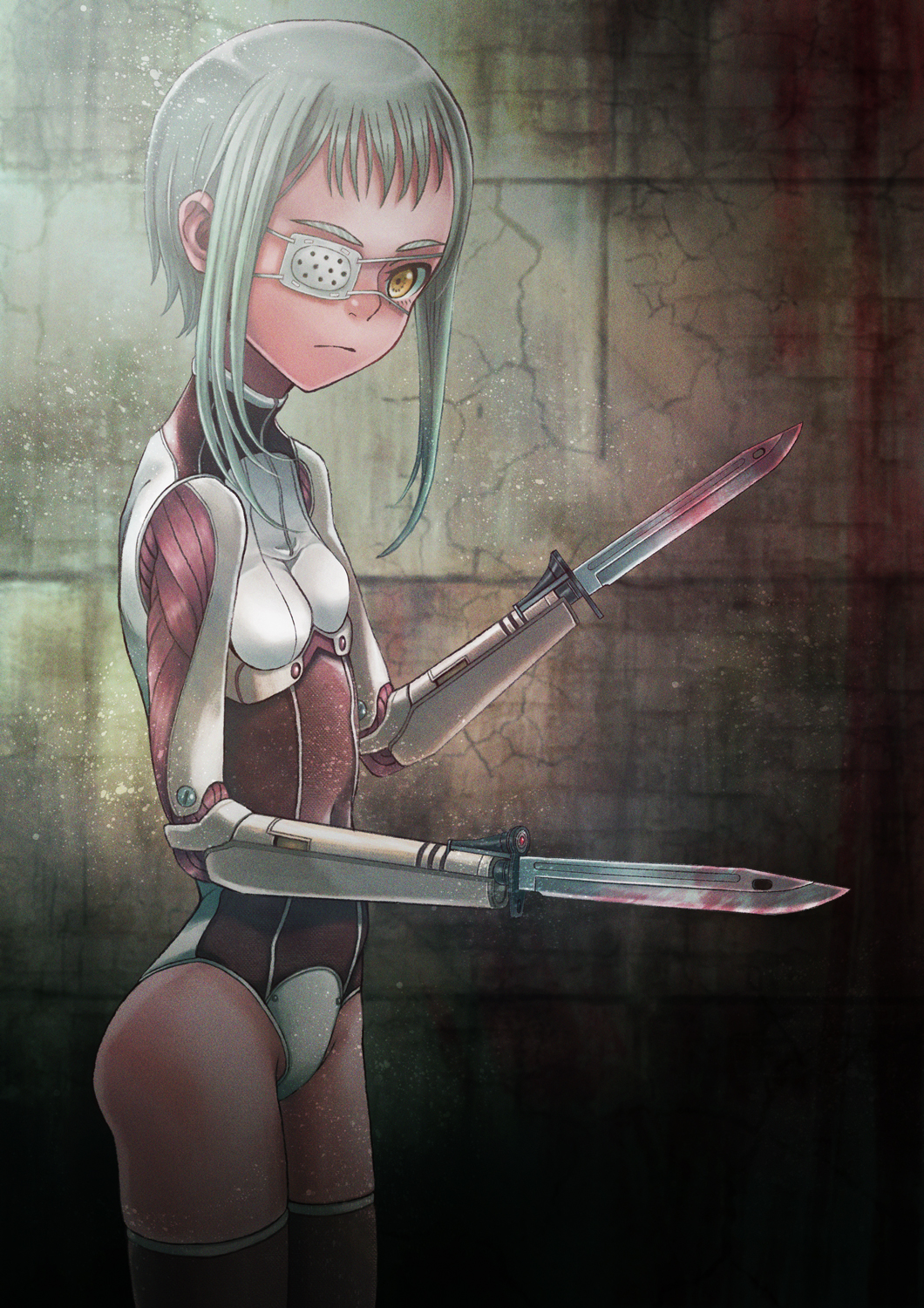 1girl amputee breasts commentary_request expressionless eyepatch grey_hair highres leotard looking_at_viewer original prosthesis prosthetic_arm prosthetic_weapon short_hair short_hair_with_long_locks sidelocks small_breasts solo thighhighs weapon yellow_eyes yutazo_028