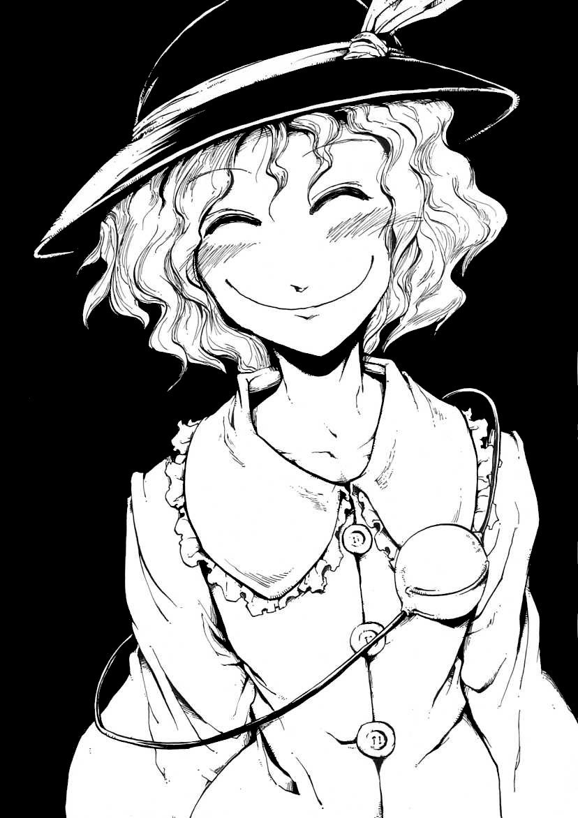 1girl blush closed_eyes greyscale hat komeiji_koishi monochrome pandemonium smile third_eye touhou