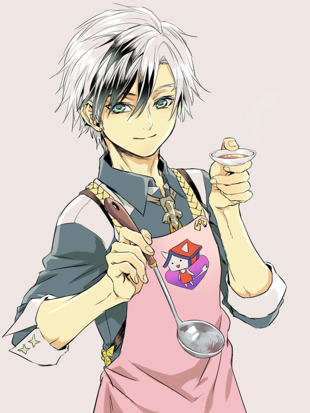 1boy apron black_hair collared_shirt cup fingernails green_eyes grey_background grey_shirt hair_between_eyes holding holding_cup holding_ladle ladle looking_at_viewer ludger_will_kresnik male_focus multicolored_hair niku_(mikantabetaizoo) parted_bangs pink_apron shirt short_hair sleeves_rolled_up smile solo streaked_hair tales_of_(series) tales_of_xillia tales_of_xillia_2 two-tone_hair upper_body white_hair