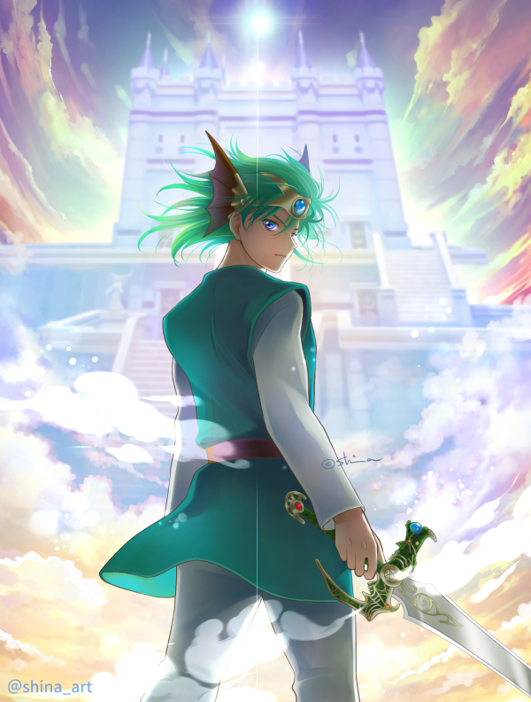1boy belt blue_eyes blue_sky closed_mouth cloud cloudy_sky dragon_quest dragon_quest_iv floating_castle from_behind green_hair green_tunic headpiece hero_(dq4) holding holding_sword holding_weapon long_sleeves looking_at_viewer male_focus pants shina_art shirt sky solo standing sun sunlight sword tunic twitter_username weapon white_pants white_shirt zenithian_sword