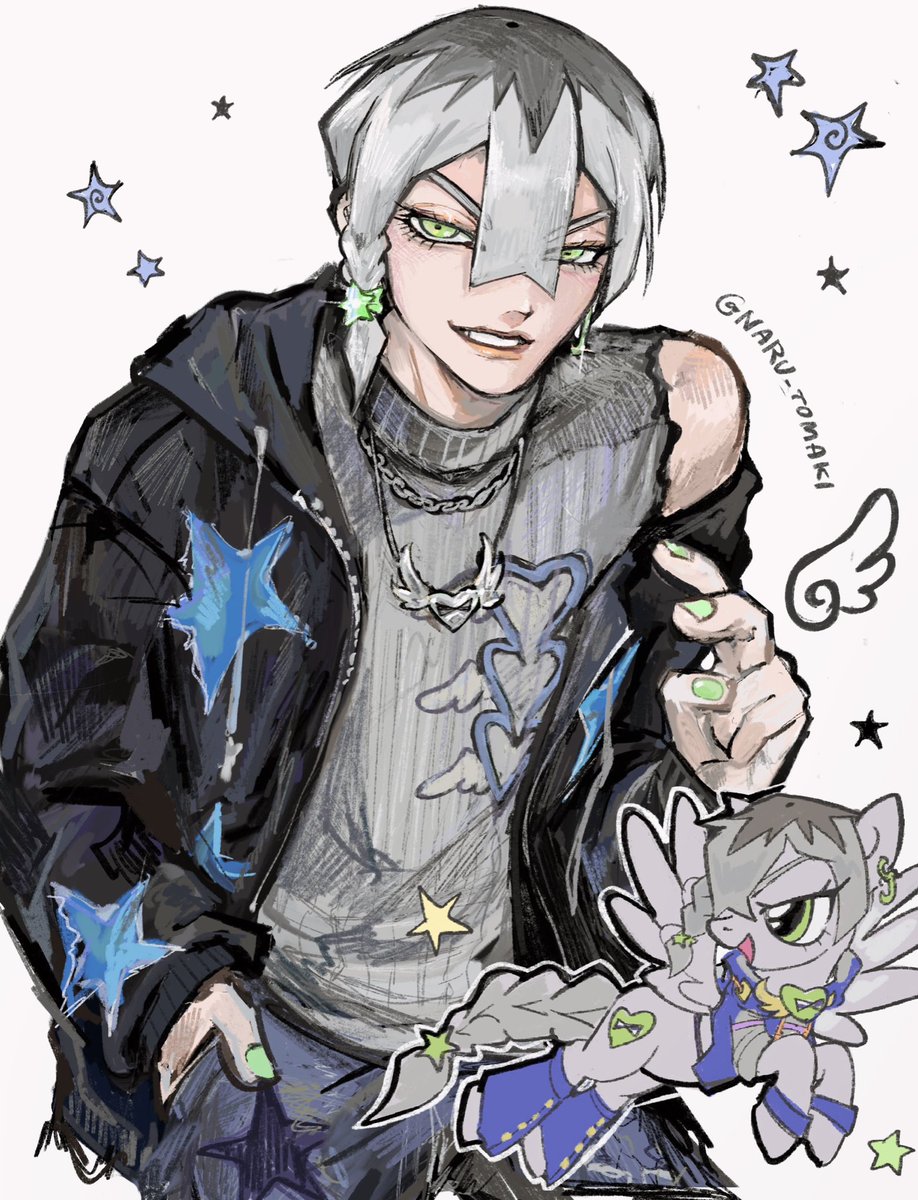 1boy animalization black_jacket braid chain chibi earrings green_eyes green_nails grey_hair grey_sweater grin hair_between_eyes hair_ornament hand_in_pocket heart_ornament highres jacket jewelry jodio_joestar jojo_no_kimyou_na_bouken looking_at_viewer male_focus multicolored_hair my_little_pony nail_polish naru_tomaki necklace pants person_and_animalization pony_(animal) side_braid sleeveless sleeveless_sweater smile solo star_(symbol) star_earrings star_hair_ornament sweater teeth the_jojolands torn_clothes torn_sleeves turtleneck turtleneck_sweater two-tone_hair white_background wing_ornament