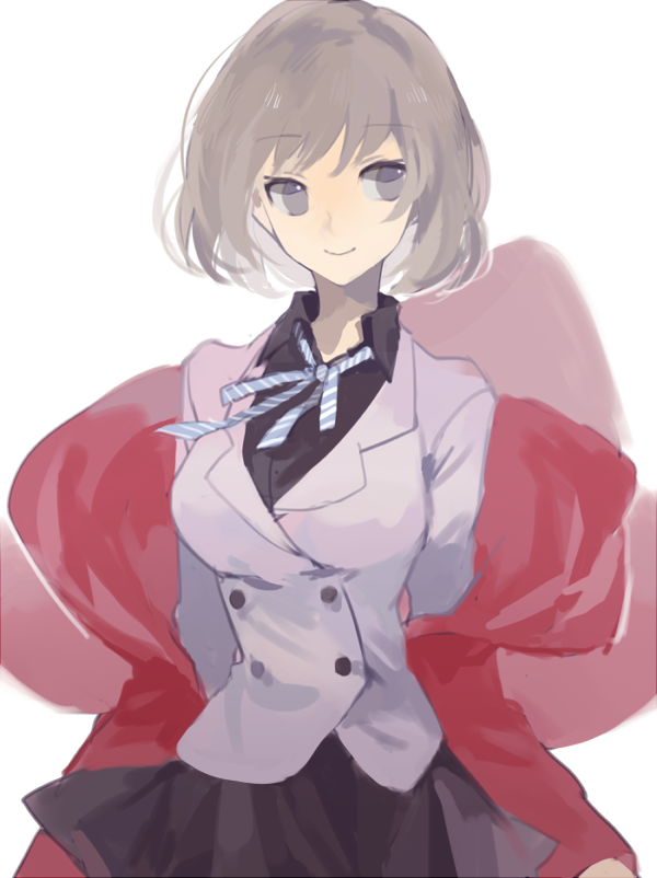 1girl black_skirt blue_ribbon breasts brown_eyes brown_hair buttons closed_mouth collared_jacket collared_shirt commentary cowboy_shot devil_survivor_(series) devil_survivor_2 double-breasted jacket lapels large_breasts long_sleeves looking_to_the_side miniskirt neck_ribbon nitta_io notched_lapels pleated_skirt purple_jacket red_shawl ribbon shawl shirt short_hair simple_background skirt skirt_set smile solo striped_ribbon unagi_(nakaelric) white_background