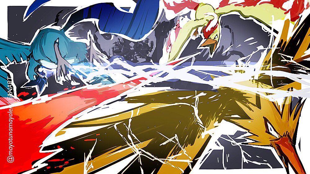 articuno autumn_leaves battle beak bird blue_feathers breath_weapon breathing_fire electricity energy_beam feathers fiery_hair fiery_wings fire flamethrower_(pokemon) gen_1_pokemon ice_beam_(pokemon) leaf legendary_pokemon mayotsunamayo midair moltres nintendo no_humans pokemon pokemon_(creature) pokemon_focus pokemon_move wings yellow_feathers zapdos