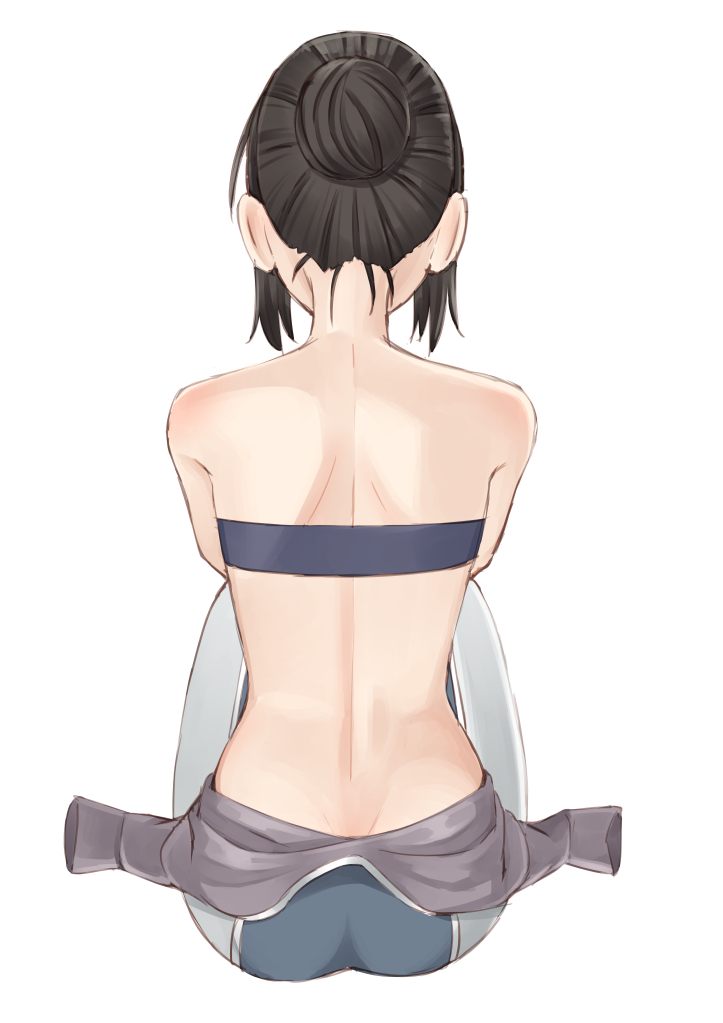 amanchu! back back_focus bare_shoulders bikini bodysuit brown_hair diving_suit easy_(aqk7bdqt) facing_away full_body hair_bun katori_mato sidelocks simple_background single_hair_bun sitting solo swimsuit undressing wetsuit white_background