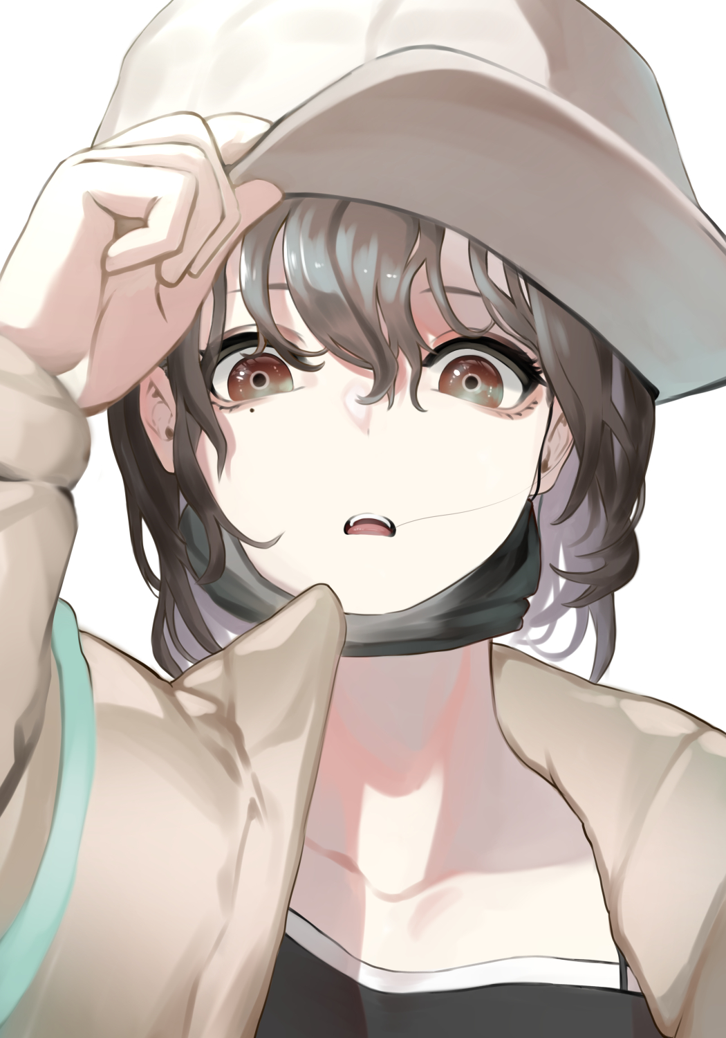 1girl adjusting_clothes adjusting_headwear baseball_cap black_mask brown_hair commentary english_commentary girls&#039;_frontline girls&#039;_frontline_neural_cloud hair_in_own_mouth hat hatsuchiri_(cotton_candy_kiss)_(neural_cloud) hatsuchiri_(neural_cloud) highres jacket looking_at_viewer mask mask_pull mole mole_under_eye mouth_mask official_alternate_costume open_mouth red_eyes simple_background solo straight-on stray_hair upper_body white_background white_hat white_jacket whoseit