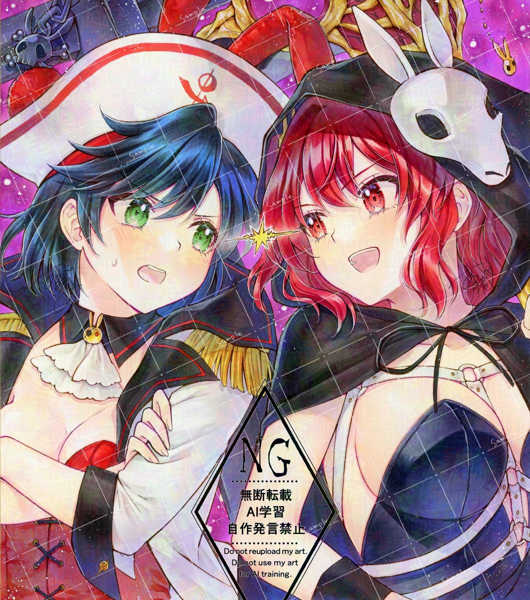 2girls alto2019 black_hair breasts cleavage cloak green_eyes hat highres hood hooded_cloak large_breasts multiple_girls murasa_minamitsu onozuka_komachi open_clothes pirate_hat red_eyes red_hair smile touhou touhou_lostword upper_body
