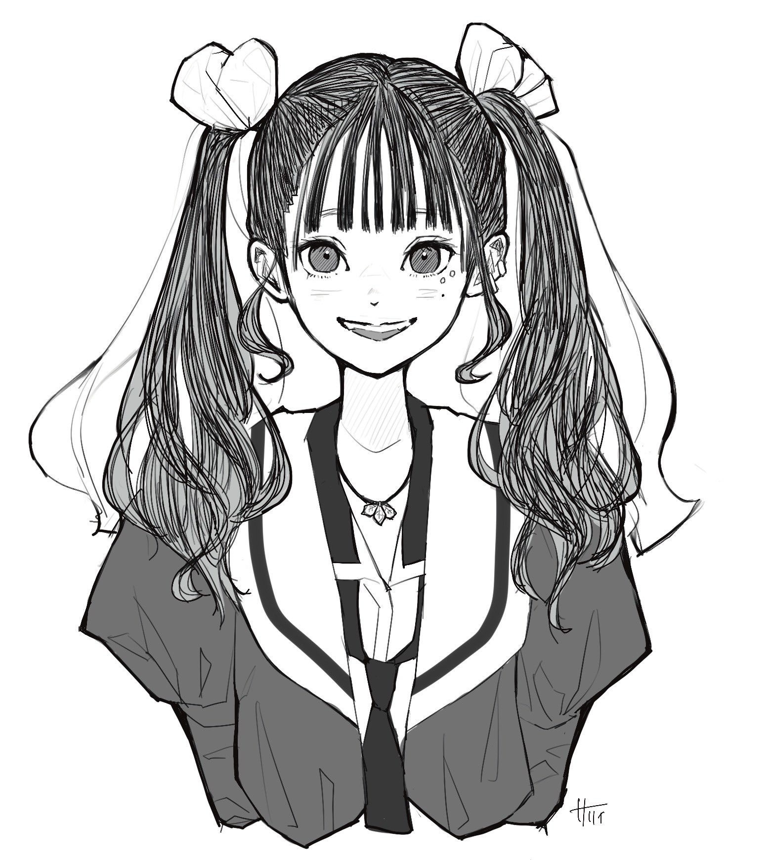 1girl arms_at_sides artist_name assault_lily awatsu_mai collared_shirt cosplay cropped_torso ear_piercing greyscale hair_ribbon highres jacket jewelry juliet_sleeves kawamura_yuzuriha kawamura_yuzuriha_(cosplay) light_blush long_hair long_sleeves looking_at_viewer loose_necktie mole mole_under_eye monochrome necklace necktie odaiba_girls_high_school_uniform open_clothes open_jacket parted_lips pendant piercing puffy_sleeves real_life ribbon sally_(allogkk) school_uniform shirt simple_background solo teeth twintails upper_body upper_teeth_only voice_actor voice_actor_connection white_background