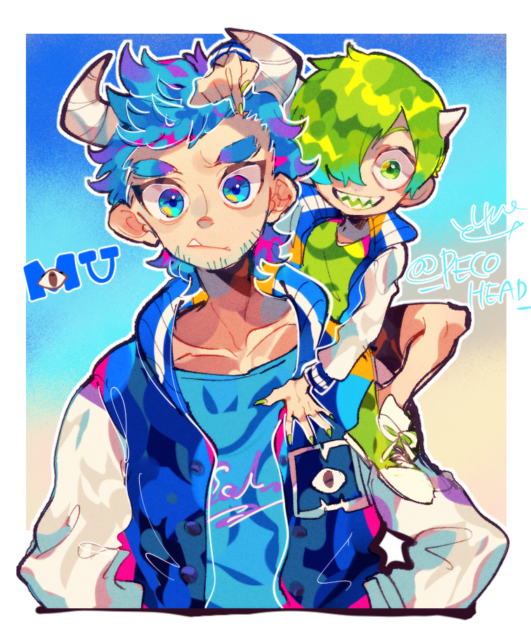1boy blue_eyes blue_hair green_eyes green_hair hair_over_one_eye horns james_p._sullivan male_focus mike_wazowski monsters_inc. multiple_boys one-eyed open_mouth personification repikinoko sharp_teeth shirt short_hair smile teeth