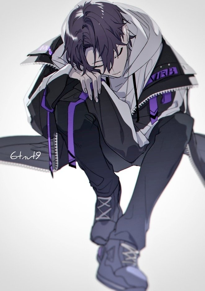 1boy 6tnut9 artist_name black_jacket black_pants black_shoes blurry blurry_foreground closed_eyes commentary drawstring hair_between_eyes hood hood_down hoodie jacket jacket_over_hoodie kenmochi_touya kenmochi_touya_(8th_costume) leaning_forward long_sleeves male_focus nijisanji off_shoulder official_alternate_costume open_clothes open_jacket pants parted_bangs parted_lips purple_hair purple_ribbon ribbon shoes short_hair simple_background sitting sleeping sneakers solo symbol-only_commentary virtual_youtuber white_background white_hoodie zipper