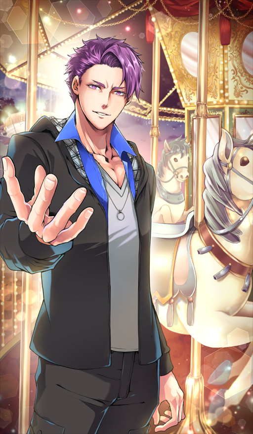 1boy ageha_saotome arm_at_side black_jacket black_pants blue_shirt blurry bokeh carousel collarbone collared_shirt commentary_request cowboy_shot depth_of_field fate/grand_order fate_(series) grey_shirt hood hood_down hooded_jacket jacket jewelry lancelot_(fate/grand_order) long_sleeves male_focus offering_hand official_alternate_costume official_art open_clothes open_jacket open_shirt outdoors outstretched_hand pants parted_lips pectoral_cleavage pectorals pendant purple_eyes purple_hair shirt short_hair smile solo teeth third-party_source v-neck yousei_sugoroku_mushikago_yuugi